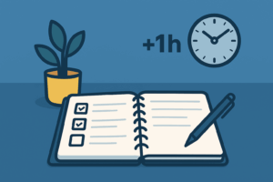 Cahier organisation travail : spiral notebook, horloge +1 h, plante en pot, stylo sur fond bleu