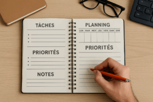 Cahier organisation travail – planning 7 jours, tâches, priorités, notes